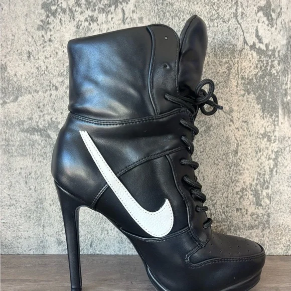 2000s Inspired Sneaker Black Lace-Up High-Heel Ankle Boot with White swoosh - Picture 4 of 7